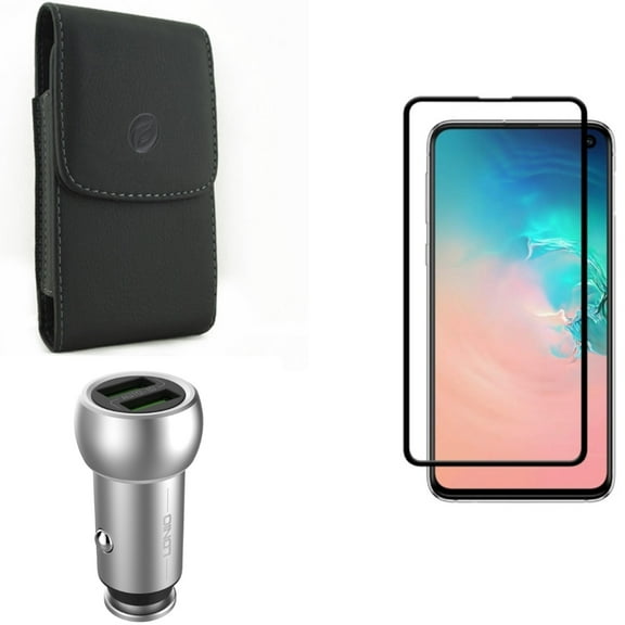 Galaxy S10e Car Charger w Screen Protector w Case Belt Clip - 3.6A 2-Port USB Power, Tempered Glass 5D Curved Edge, Leather Holster Cover for Samsung Galaxy S10e Phone