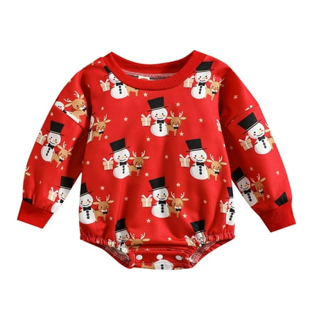 

nsendm Summer Baby Dress Infant Newborn Baby Girls Boys Christmas Romper Snowman Santa Print Round Neck Baby Overalls Red 12-18 Months