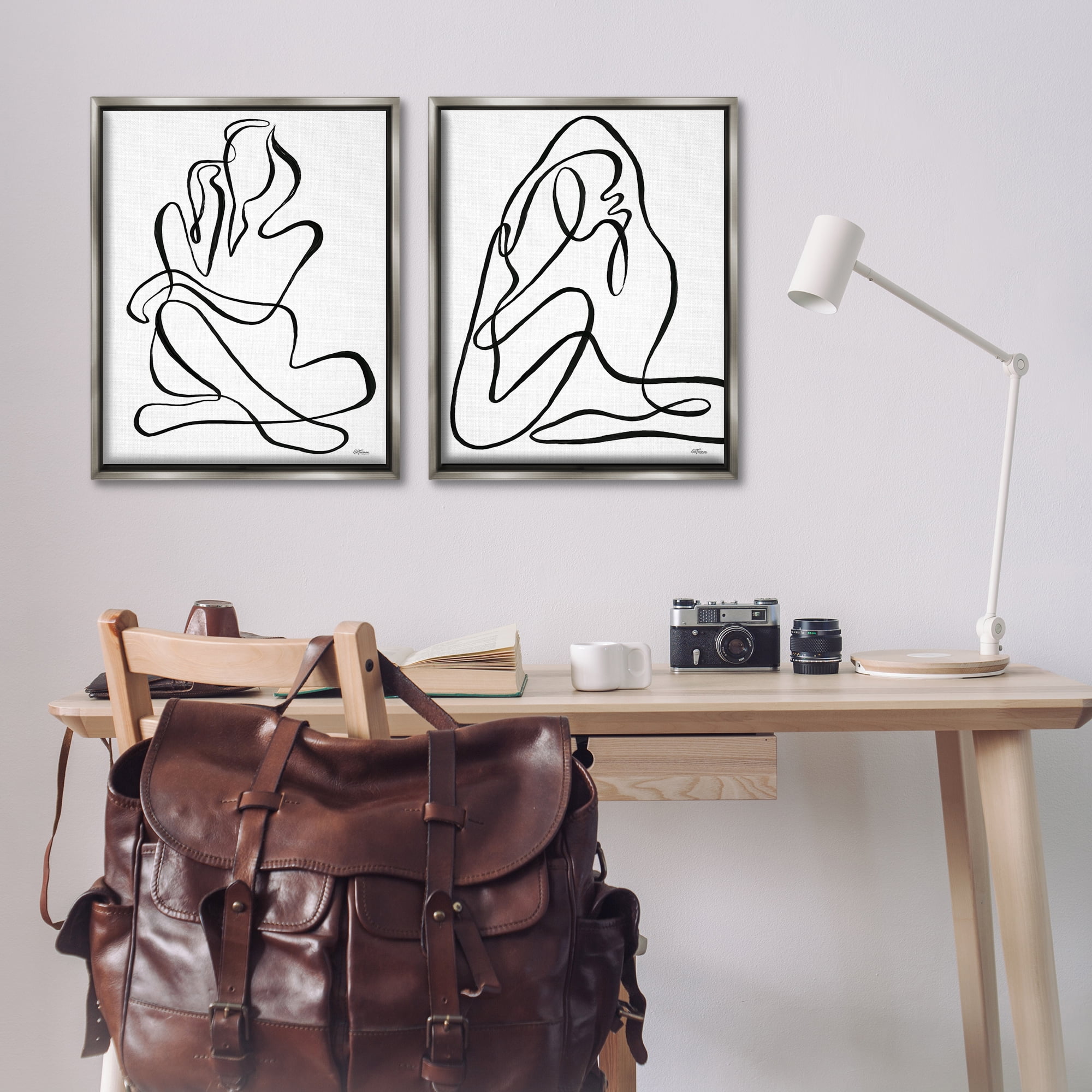 Stupell Industries Minimalist Female Figure People Painting Gray Floater Framed Canvas Art Print Wall Art, 31 x 25, Set of 2
