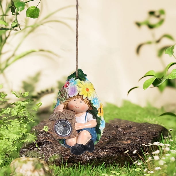 Lámpara solar de noche con forma de muñeca de fruta, colgante para jardín, decoración navideña de resina, regalo festivo, artículo hecho a mano.