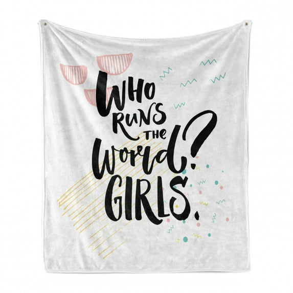Feminist Soft Flannel Fleece Blanket, Inspirational Feminist Phrase Who Runs the World Girls with Doodle Lines Zigzags, Cozy Plush for Indoor and Outdoor Use, 60" x 80", Multicolor, by Ambesonne