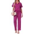 thumbnail image 2 of INSPIRAR CHIC Pijamas de Satén para Mujeres, Camisa de Manga Corta con Cuello en V y Pantalones Largos, Conjunto de Ropa de Casa Suave, S Color Rosa Fucsia, 2 of 6