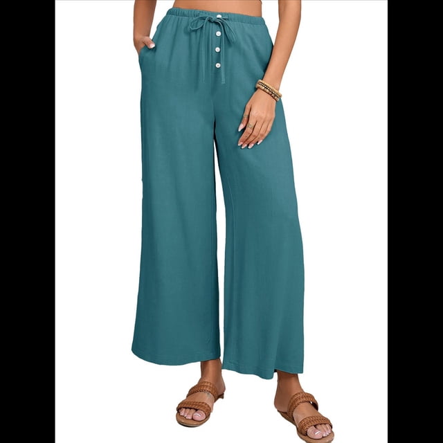 Pantalones de y Algodón para Mujer, Informales, de Verano, para Playa, con Cordón, Holgados, de Pierna y Bolsillos. Azul y Verde XL