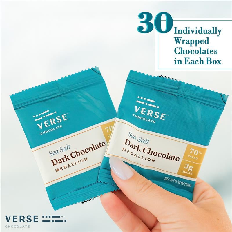 Verse Dark Chocolate Sea Salt Squares - Gluten Free, Keto Low Sugar Snack - Creamy 70% Cocoa Dark Chocolate - Only 3g Cane Sugar - Individually Wrapped Vegan Cacao Fine Chocolates Squares (30 Count)