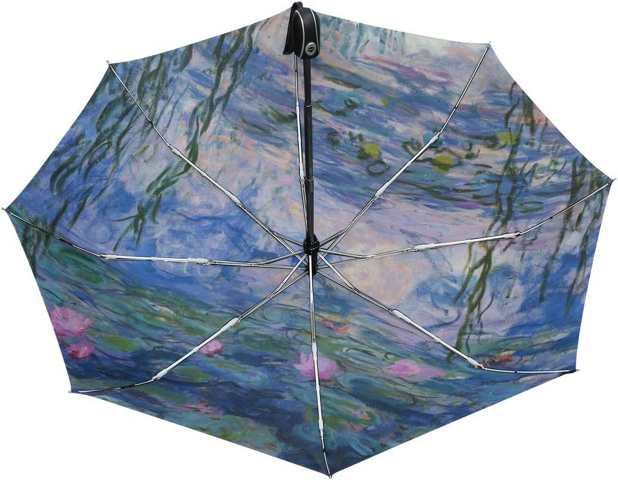 Vipsk Folding Umbrella Claude Monet Water Lilies Painting Travel Umbrella Windproof Automatic Compact Rain Travel Umbrella,Lightweight,Auto Open/Close