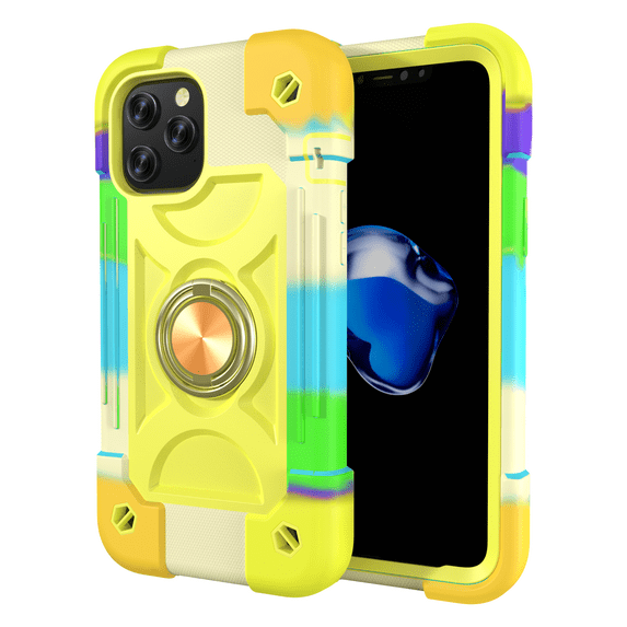 iPhone 12 Mini Case 5.4 Inch - TECH CIRCLE Heavy Duty Protective Shockproof Plastic/Silicone Case Drop Proof Rugged Colorful Cute Cover with Cell Phone Ring Holder Stand (G Yellow Green)