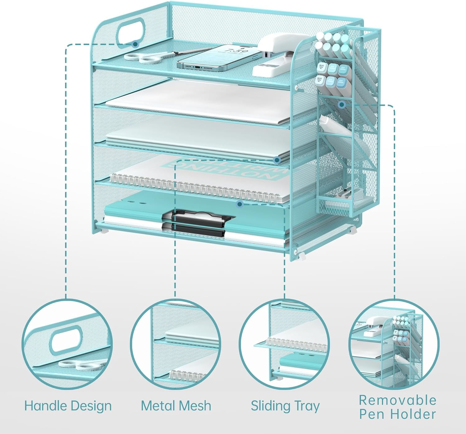 INTIGE 5 Tier Metal Mesh Desk File Organizer with Handle and Pen Holders, Blue, 1 Piece