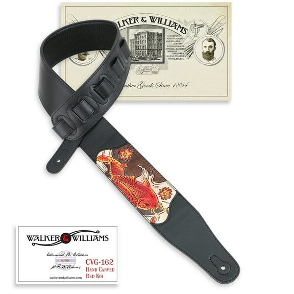 Walker & Williams CVG-162 Black Leather Padded Guitar Strap with Hand Tooled Red Koi