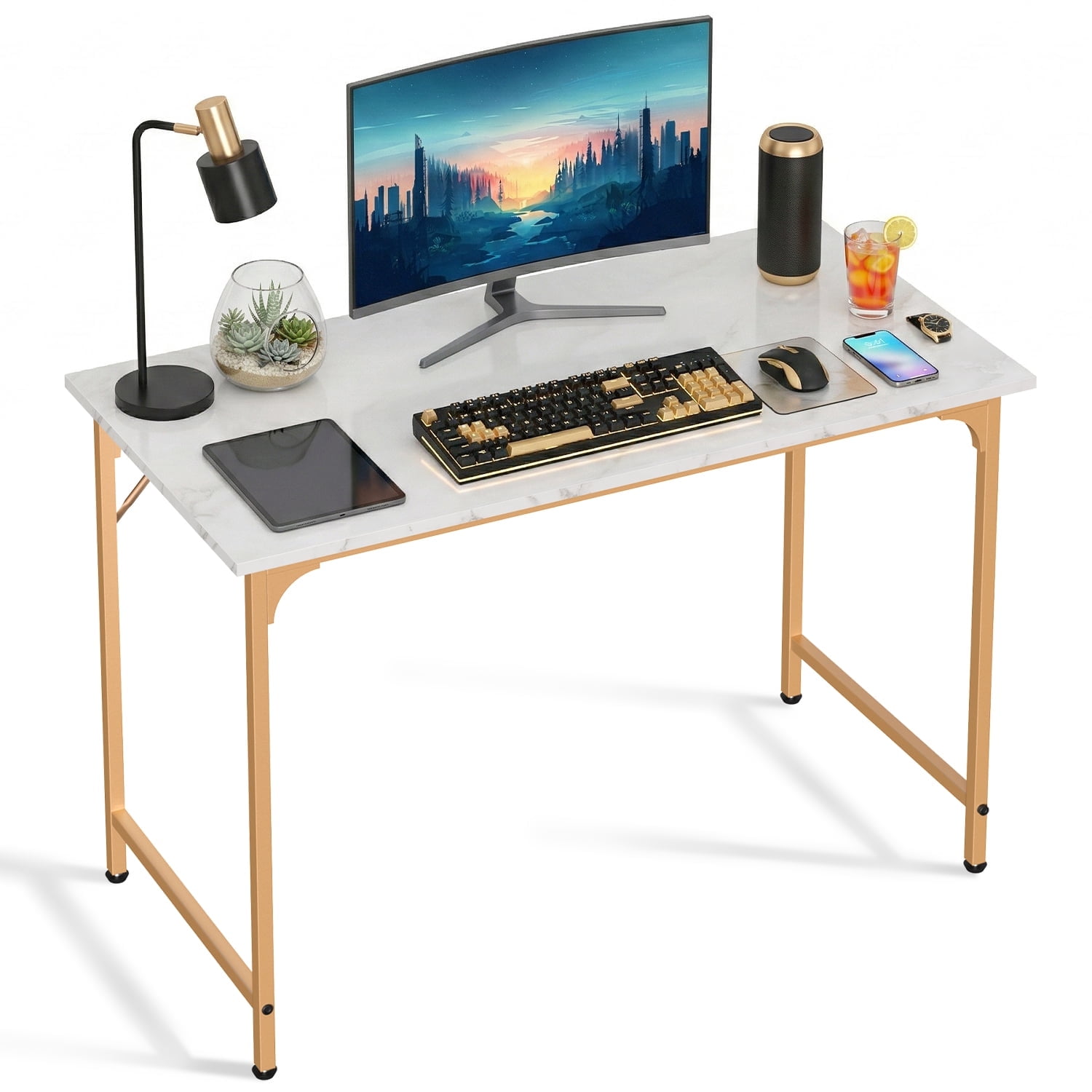 Computer Desk, 40'' Study Writing Table for Small Space, Save Space Office Desk with Metal Legs, Modern Steel Frame Wood PC Workstation for Home Office, Gold