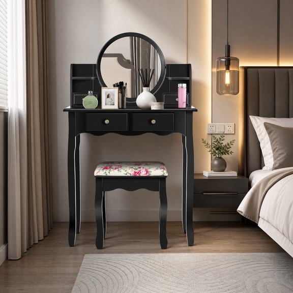 Makeup Vanity Set with 360° Pivoted Round Mirror & Stool, Vintage Vanity Table and Cushioned Stool Set, Wood Dressing Table for Bedroom,Black