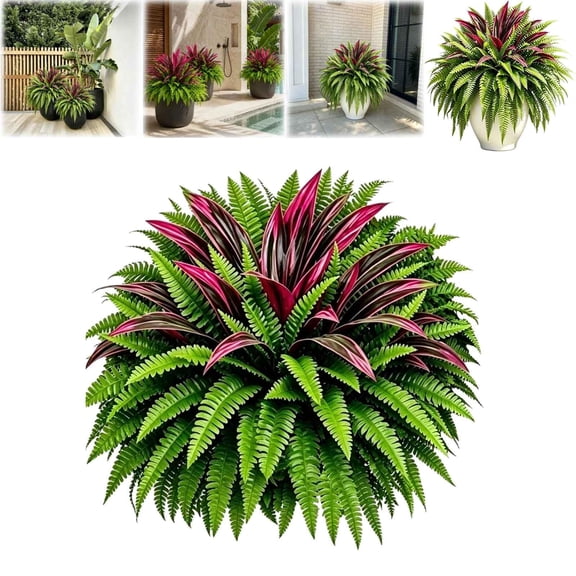 UV-Resistant Artificial Fern and Red Dracaena Plants, Lifelike Foliage for Indoor & Outdoor Decor, Fade-Proof, Low Maintenance