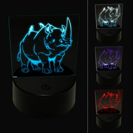 

Jolly White Rhinoceros with Bird Friends LED Night Light Sign 3D Illusion Desk Nightstand Lamp