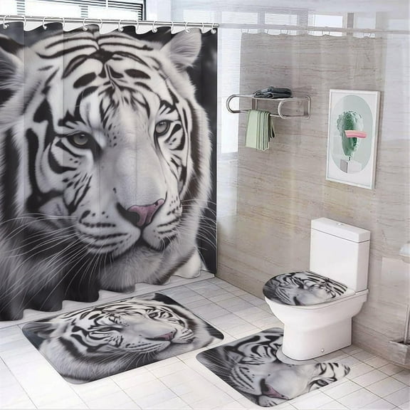 Bathroom Set, White Tiger Printed Bathroom Set,Bathroom Set 4-Piece Set,Bathroom Set with Shower Curtain Sets and Carpet