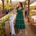 thumbnail image 3 of Agnes Orinda Women's Plus Size St. Patrick's Day Boho Dresses Sweetheart Neck Tiered Ruffled Short Sleeve Tiered Pom Pom Flowy Summer A-Line Midi Sundress 1X Dark Green, 3 of 8