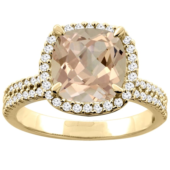 14K Yellow Gold Natural Morganite Halo Ring Cushion 9x9mm Diamond Accent, size 5