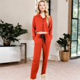 thumbnail image 2 of Women's Long Sleeve Button-Up Pajama Set with Piped Trim Details and Relaxed Fit - Large, Red, 2 of 6