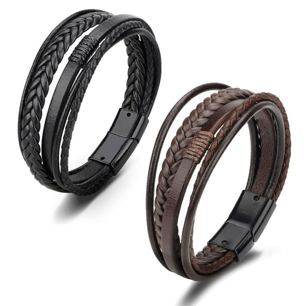 BELOVING 4xWoven Braided PU Leather Men Bracelet Bangle Wristband