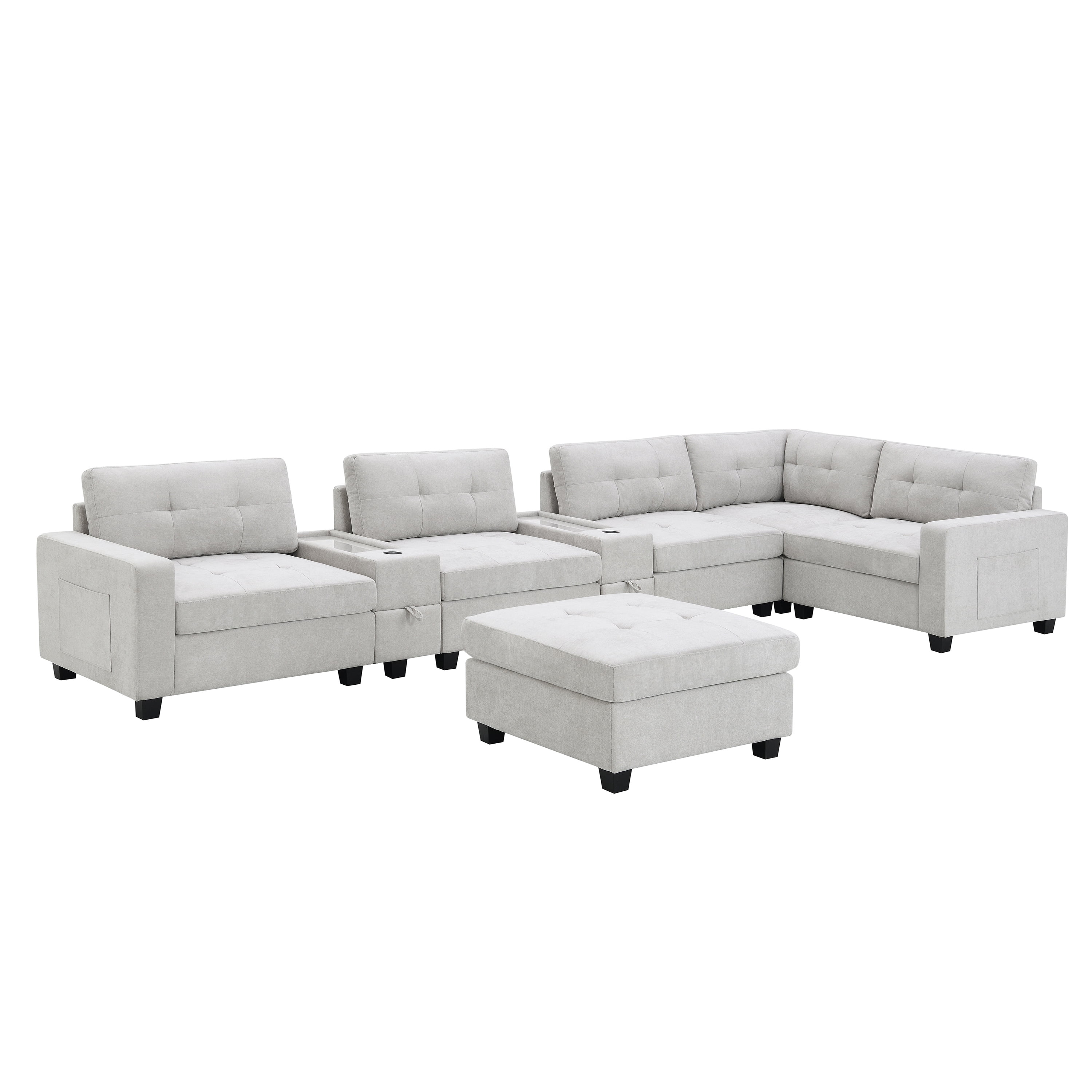 MAYEERTY 104" Sectional Sofa - Acrylic Table Top Chenille U-Shaped Couch with 2 Consoles/USB/Storage/Ottoman, Tufted for Living Room/Apartment, 2 Colors