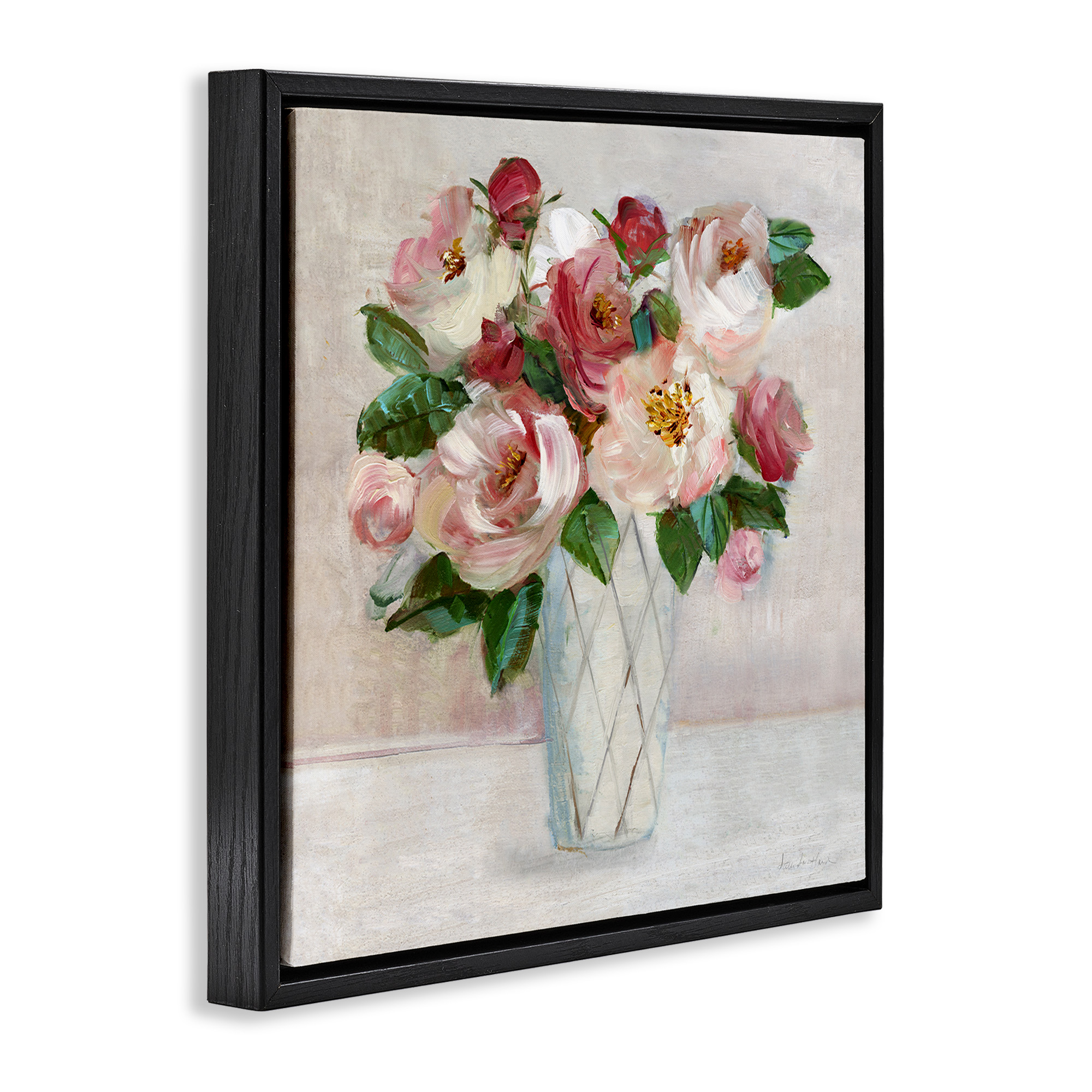 Stupell Industries Pink & Red Rose Bouquet Botanical & Floral Painting Black Floater Framed Canvas Art Print Wall Art, 25 x 25