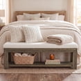 thumbnail image 3 of TRIBEWOOD 55 Inch Upholstered Bedroom Bench with Teddy Fleece Cushion, Farmhouse Solid Wood End of Bed Bench with Storage Shelf, 3 of 6