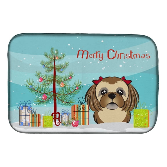Christmas Tree and Chocolate Brown Shih Tzu Dish Drying Mat
