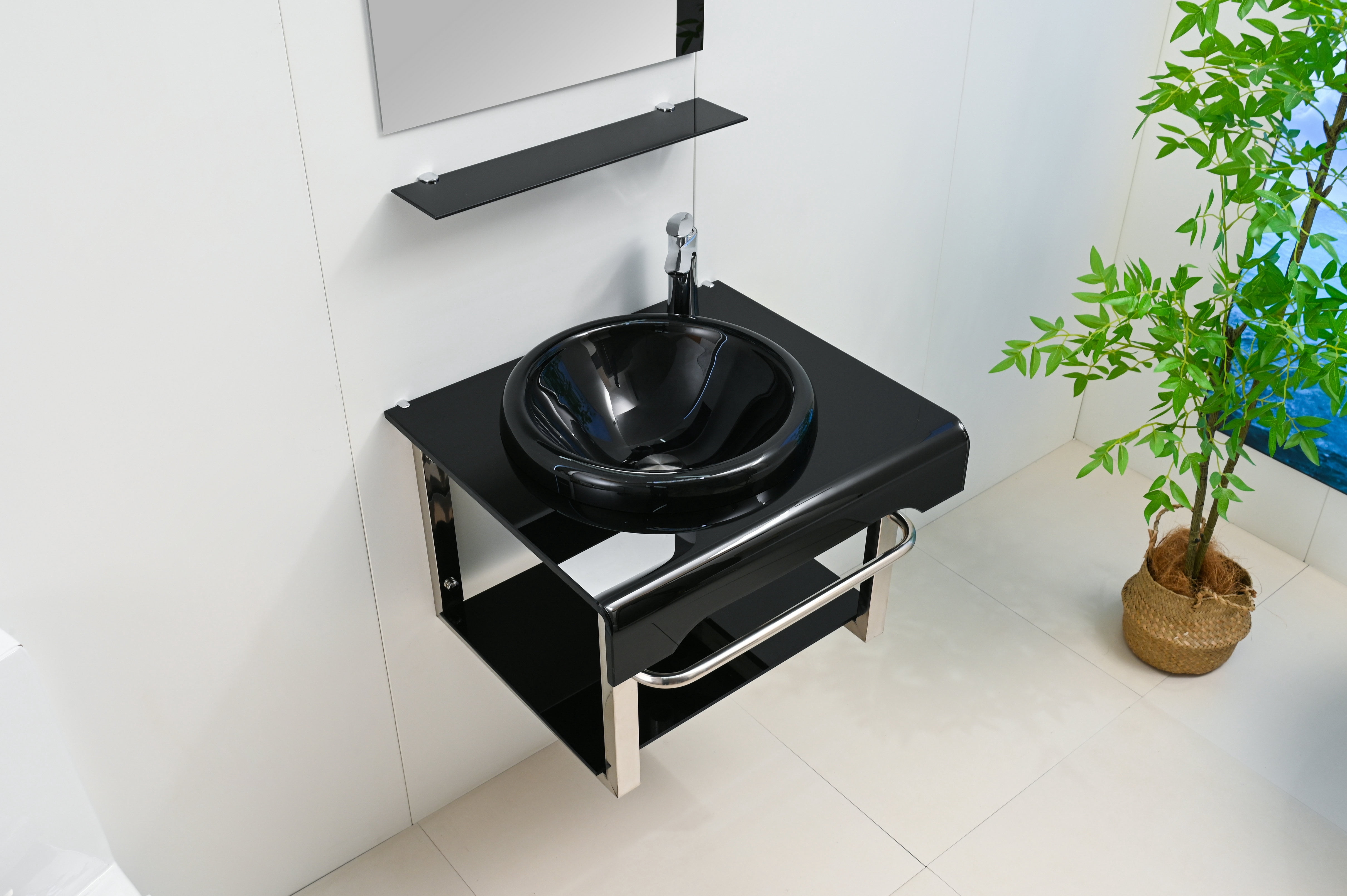 Lorixon 24" Modern Bathroom Vanity Set, Black Tempered Glass Top, Mirror, Shelves