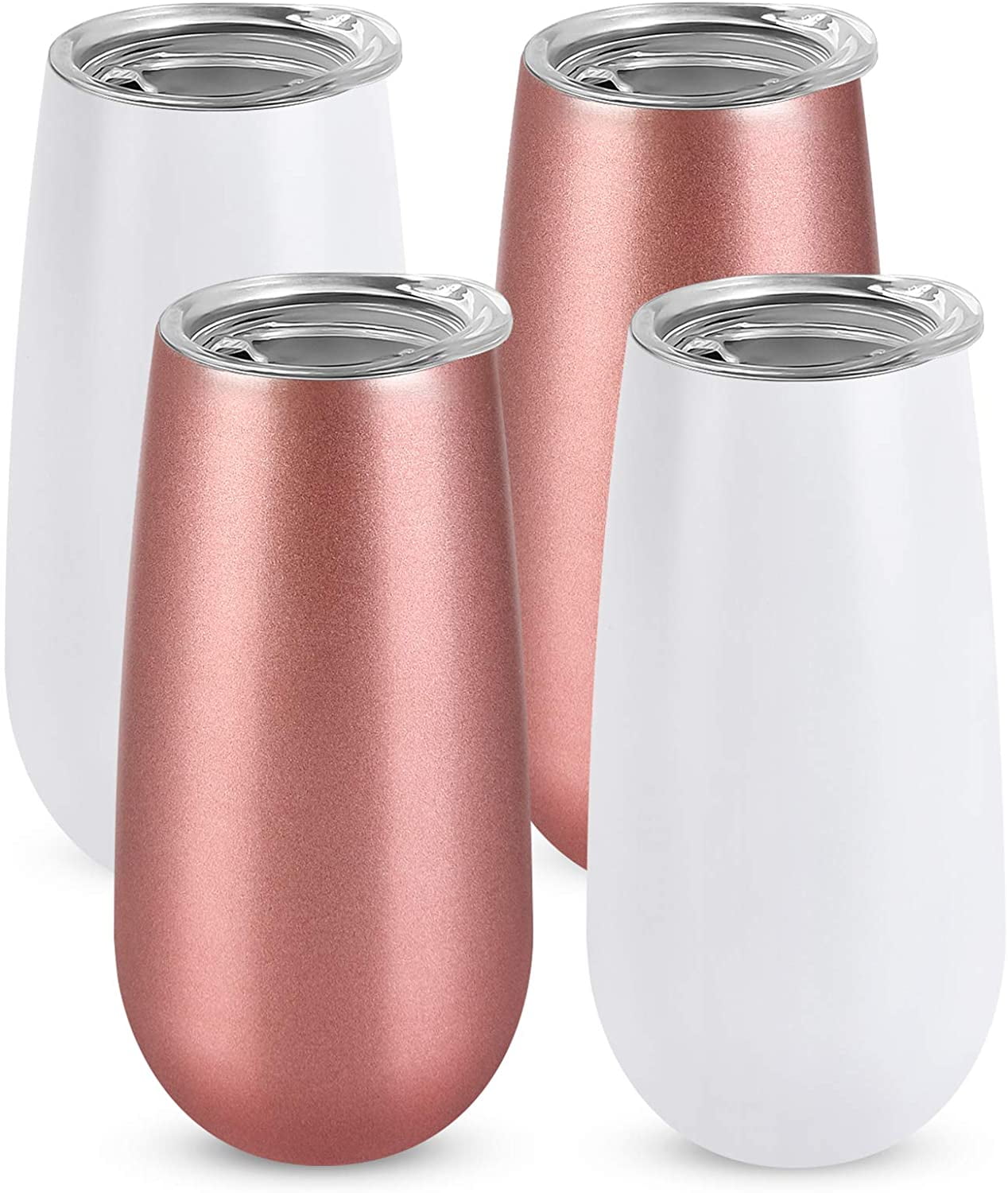 Elegant Box Wine Toyz Stemless Champagne Flutes 4 Red Cups 6 Oz Reusable Stainless Steel Double Insulated Unbreakable Tumblers with Unbreakable Lids Wine Glass Marking Pens Enjoy Champagne