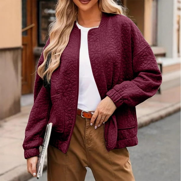 Chaquetas y abrigos casuales sin capucha y de manga larga para mujer, con cremallera y sin capucha, con textura