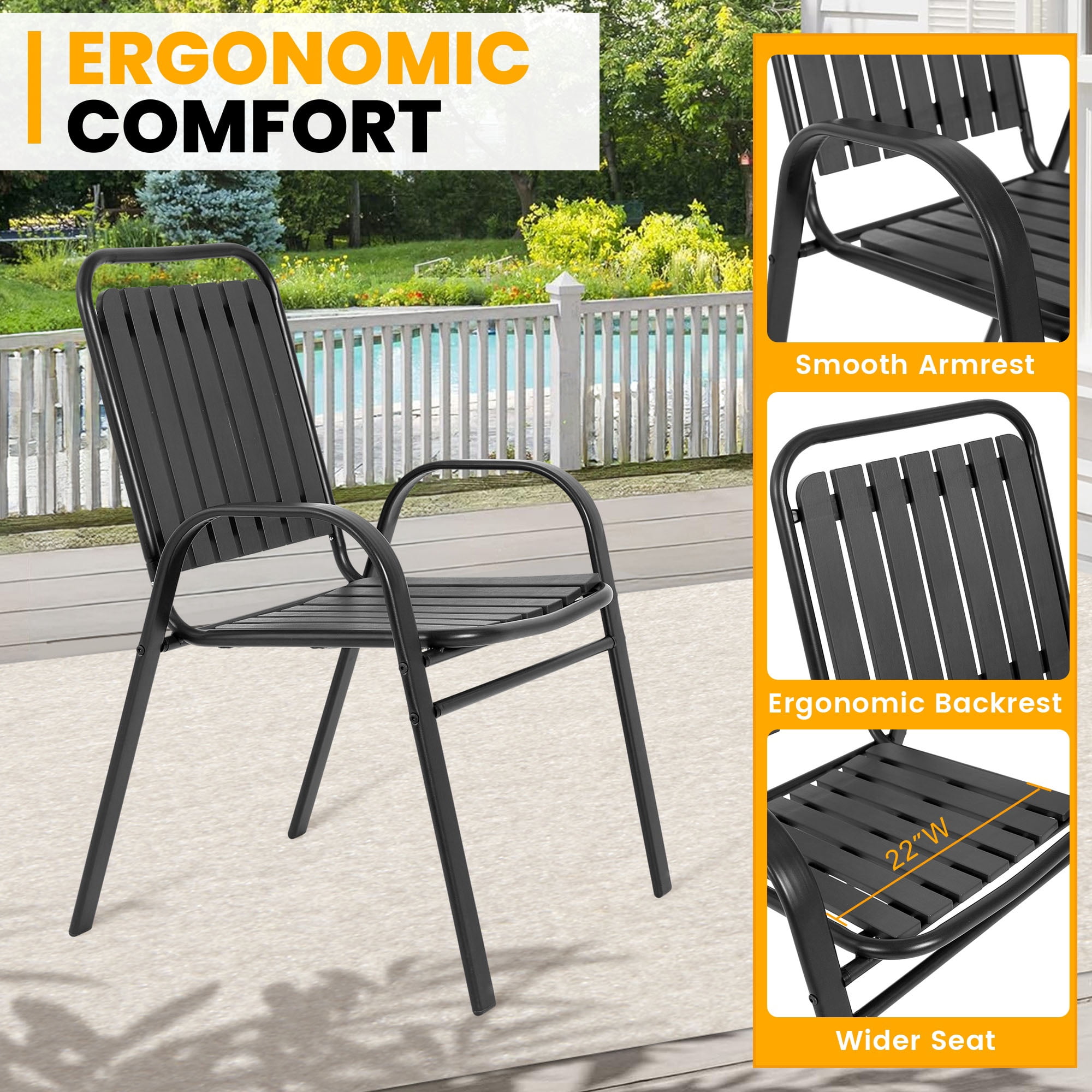 Clearance Outdoor Patio Dining Set for 4, Outdoor Furniture Plastic Table and Chairs, 5-piece Patio Set w/Square Table and Stackable Armchairs, Wood Grain Top, Heavy-duty Steel Frame, Black