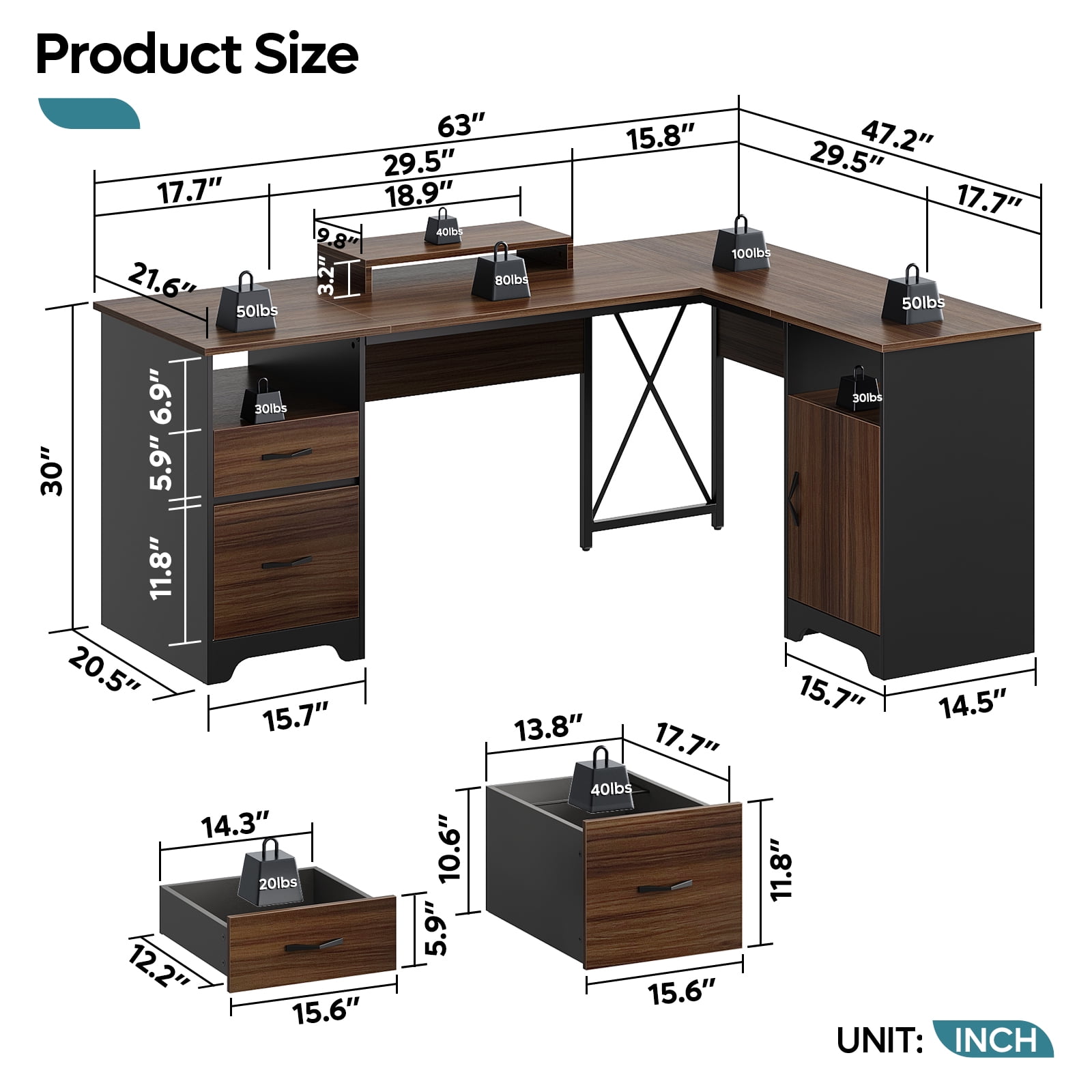 Bestier L Shaped Desk with Drawers 63" Executive Office Computer Desk with Monitor Stand, File Drawers for Home Office, Cherry