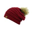 thumbnail image 3 of NYFASHION101 Exclusive Soft Stretch Cable Knit Faux Fur Pom Pom Beanie Hat - Burgundy, 3 of 4