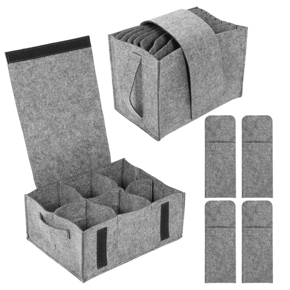 RV Plate Storage Cup Holder Set, Felt Dish Organizer for Camper Cabinets, Holds 8 Plates, 6 Cups 4 Utensil Bags, Light Gray