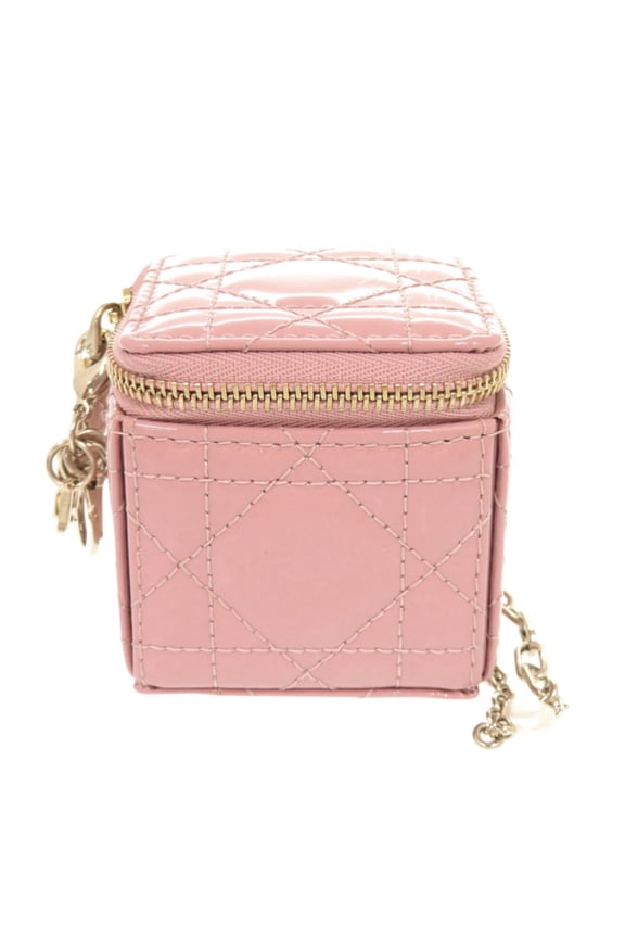 Pre-Owned Christian Dior Lady Chain Cube Micro Pouch Patent Leather Pink...