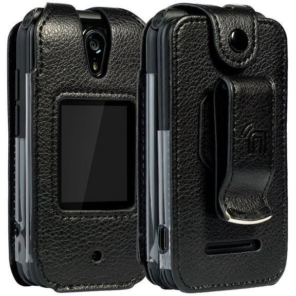 Case for Schok 2019 Flip Phone, Nakedcellphone Brand [Black Vegan Leather] Form-Fit Cover with [Built-In Screen Protection] and [Metal Belt Clip] for Schok Classic Flip Phone (SC3218)