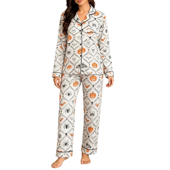 OSOLU Women's Halloween Pajama Sets Pumpkin Skull Spider Print Long Sleeve Button Down Nightwear Bottoms Home Relaxing Outfit White