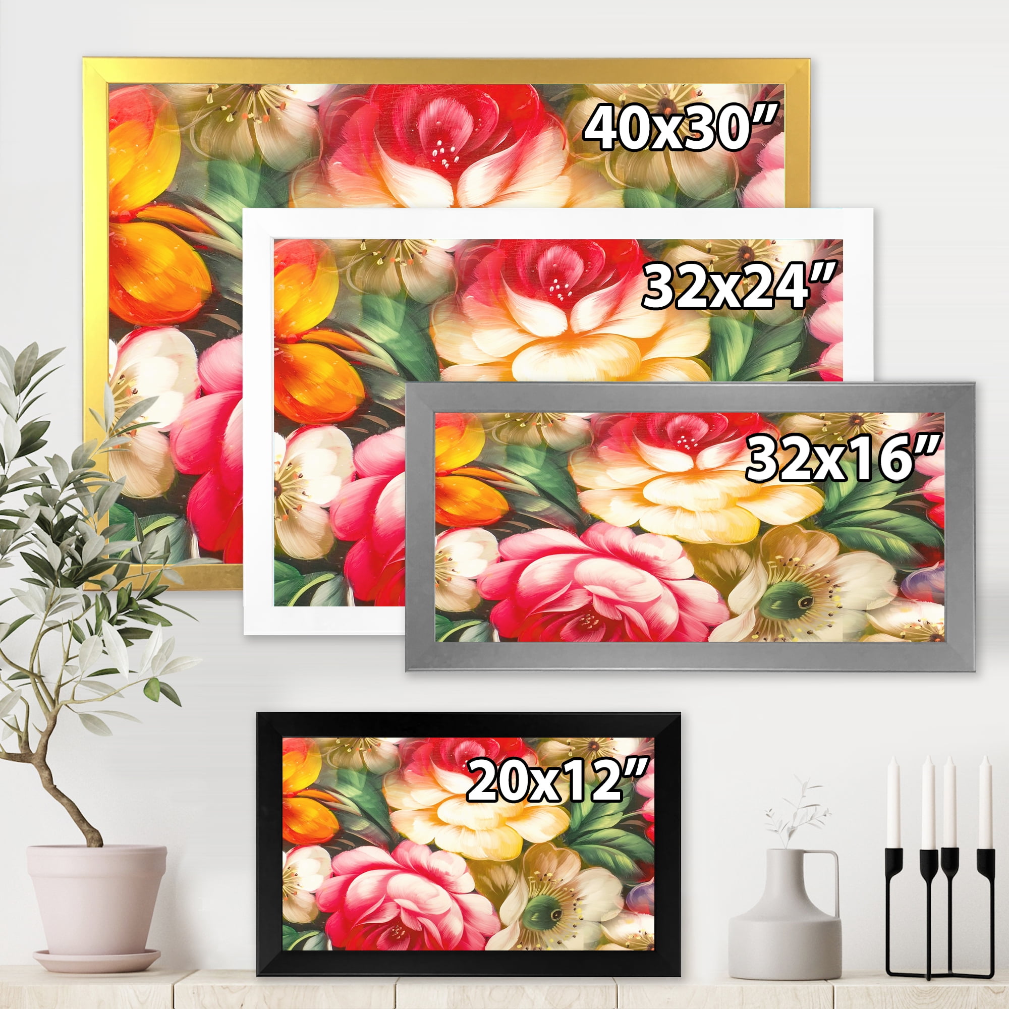 Designart 'Red and Yellow VIntage Flowers' Traditional Framed Art Print