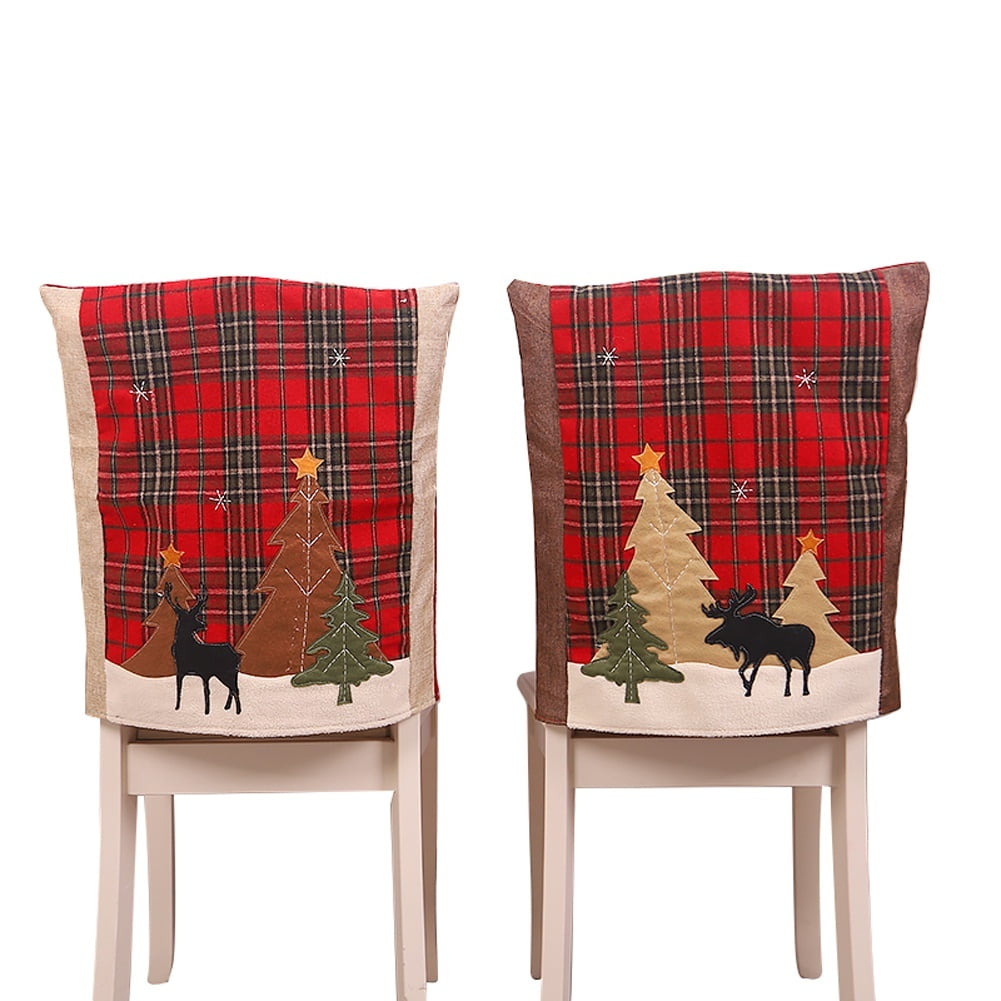 Christmas Chair Back Cover Christmas Forest Plaid Elk Chair Cover
