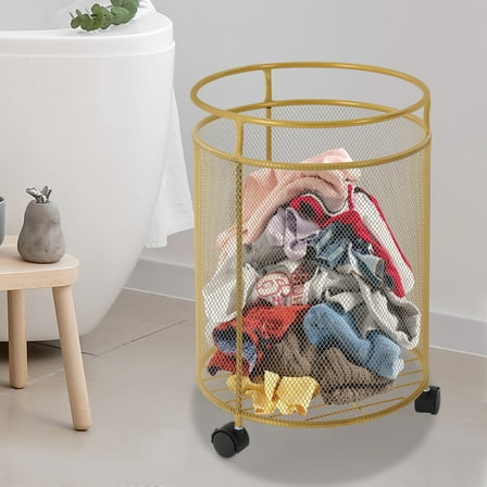 Rolling Laundry Hamper Round Metal Laundry Basket Cart with 4 Wheels Household