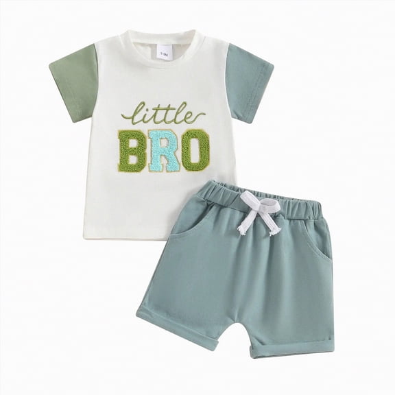 UngA Newborn Toddler Baby Boy Girl Summer Clothes Contrast Color Short Sleeve Letter Embroidery T-shirt Top Shorts Set (Green,18-24 Months)