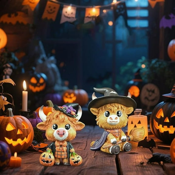 Halloween Highland Cow Figurine,Halloween Pumpkin Broom Highland Cow Gnomes,Resin Statue Calf Lovers Gifts Highland Cow Statue Farmhouse Office Home Tiered Tray Table Decor