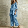 thumbnail image 4 of Mifsaly Linen Pant Sets Women 2 Piece Outfits Oversized Striped Tunic Top and Relaxed Fit Wide Leg Pant Lightweight Breathable Summer Vacation Matchinglounge Clothes Blue,XL, 4 of 5