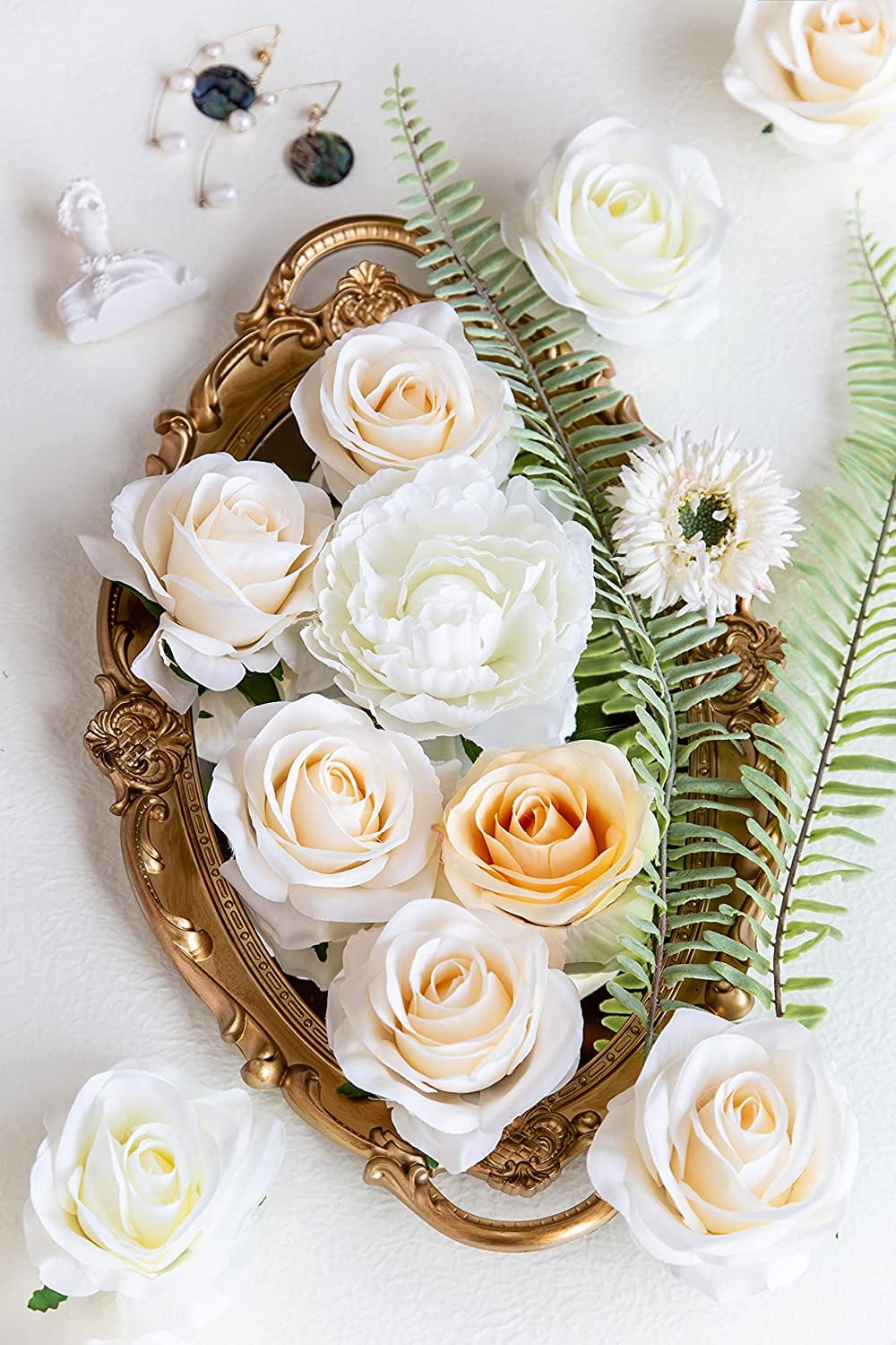 10pcs Fake Roses Artificial Silk Flowers Faux Rose Flower Long Stems Bouquet for Arrangement Wedding Centerpiece Party Home Kitchen Decor(Ivory-White Long Stem)