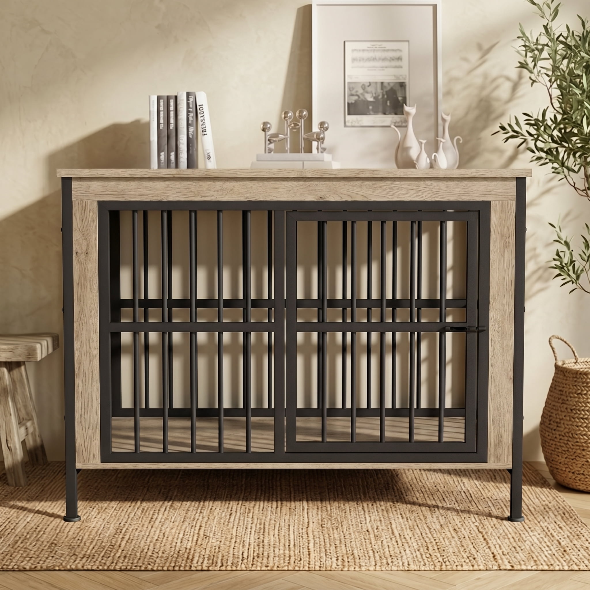 TIME RAY 44 Inch Dog Crate Furniture for Large Dog,Wood Dog Kennel Furniture Indoor with Removable Divider,Dog Cage Furniture as TV Stand,White
