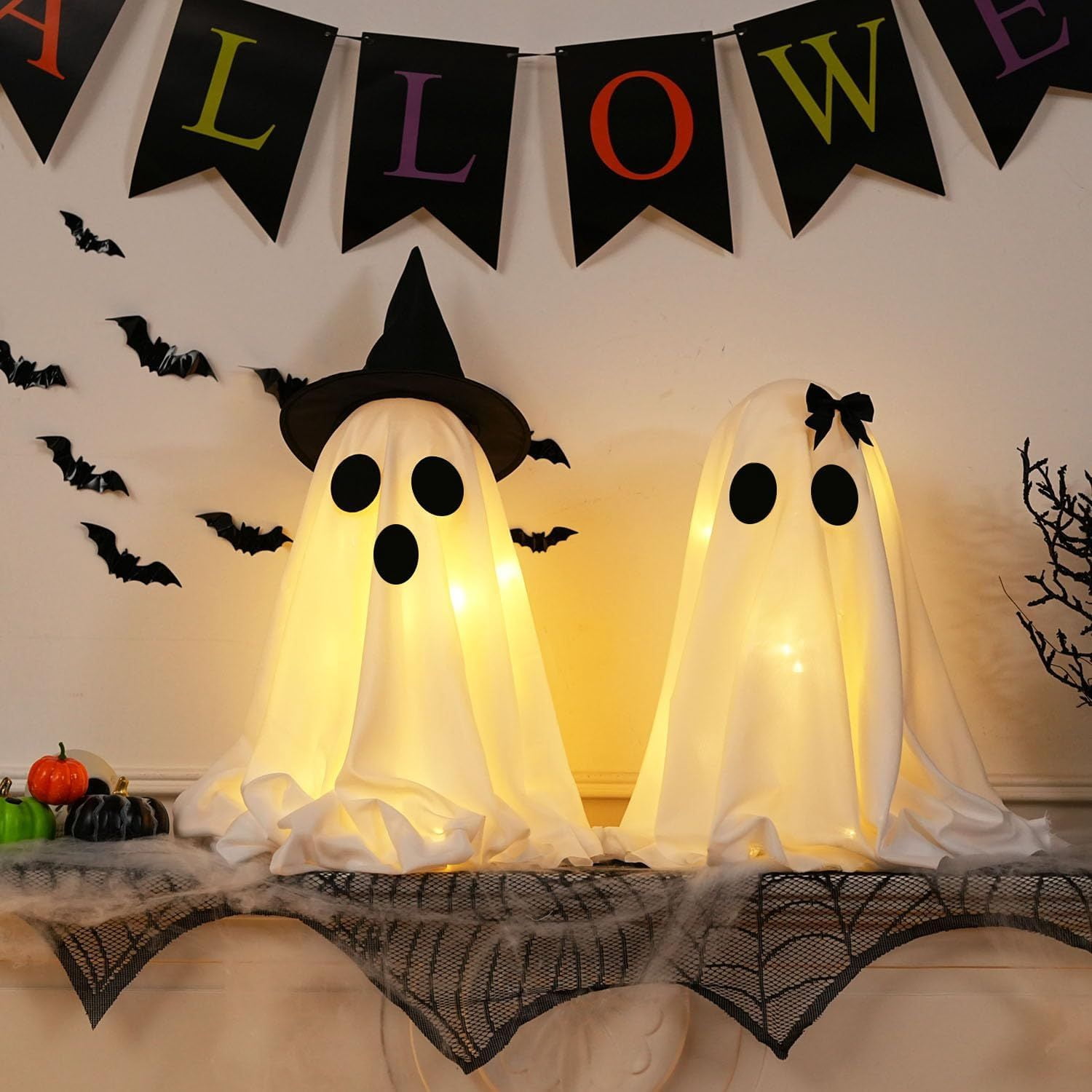 2 Pack Light Up Ghost Decorations with Timer Male Female for Halloween
