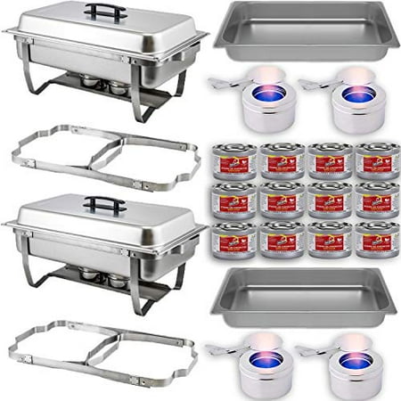 Chafing Dish Buffet Set w/Fuel — Folding Frame + Water Pan + Food Pan (8 qt) + 2 Fuel Holders + 12 Fuel Cans – 2 Full Warmer Kit