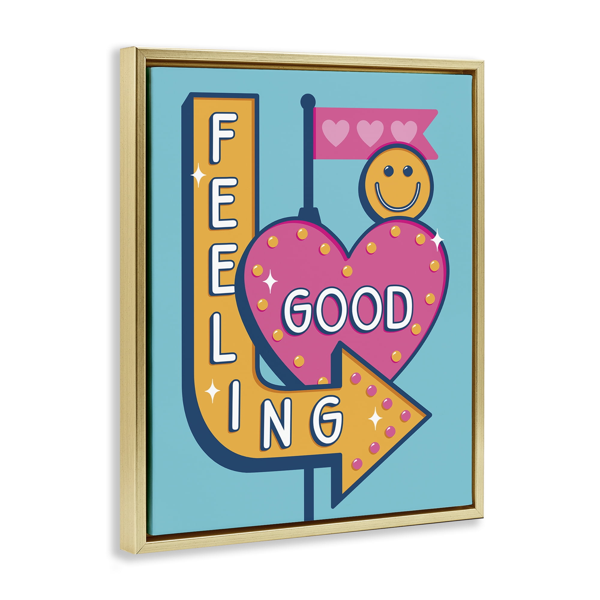 Stupell Industries Feeling Good Retro Sign Text & Numbers Painting Gold Floater Framed Canvas Art Print Wall Art, 25 x 31