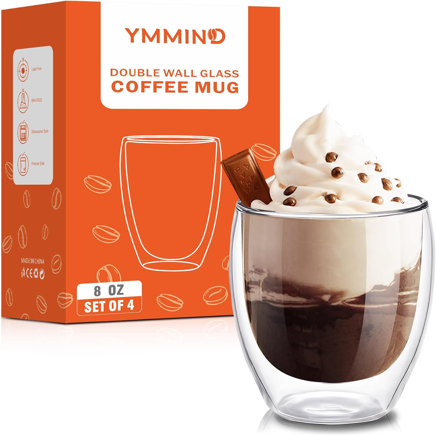 Set of 4 Double Walled Glass Coffee Mugs 8 Ounces Insulated Layer Cups Borosilicate Espresso Cup for Hot Beverage,Cappuccino,Tea,Latte,Wine,Microwave Safe