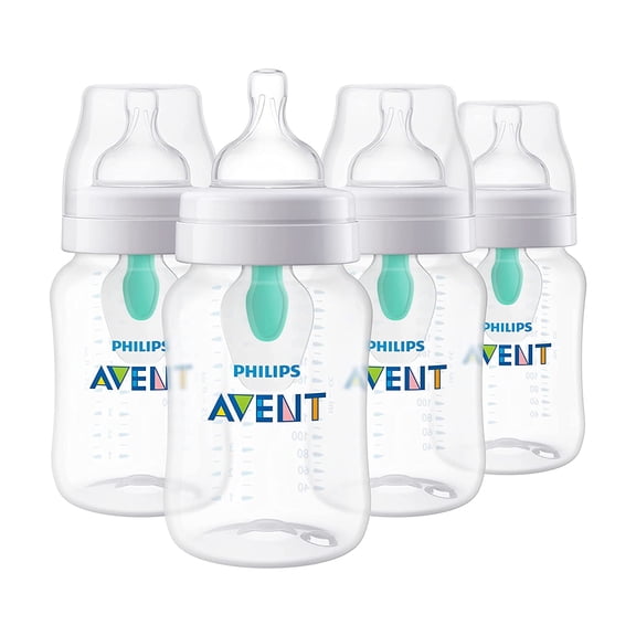 Philips Avent Anti-Colic Baby Bottle with AirFree Vent, 9oz, with Flow 2 Nipples, 1m , 4pk, Clear, SCY703/04