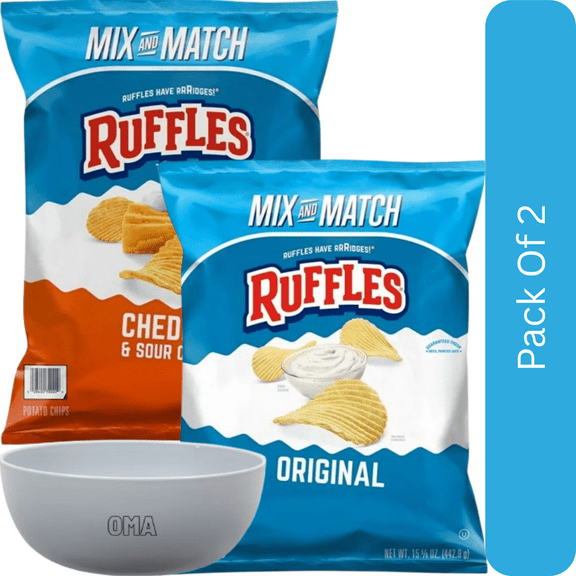 Ruffles Potato Chips Variety Pack – Cheddar Sour Cream (15.125 oz) & Original (15.625 oz)-2pk, With Olive White Bowl By OMA