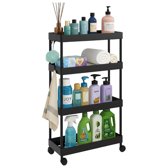 Pinksheep Slim Rolling Storage Cart, 4Tier Bathroom Organizer Utility Carts Shelving Unit with Wheels for Kitchen, Black
